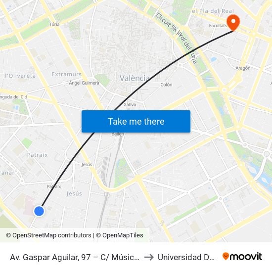 Av. Gaspar Aguilar, 97 – C/ Músic Penella [València] to Universidad De Valencia map