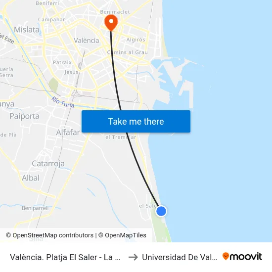 València. Platja El Saler - La Mallada to Universidad De Valencia map