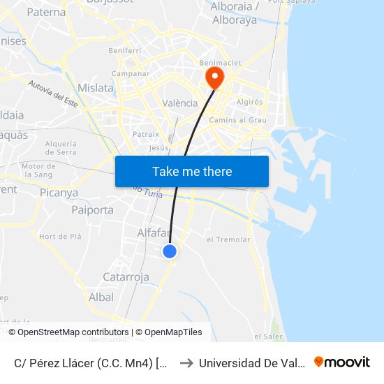 C/ Pérez Llácer (C.C. Mn4) [Alfafar] to Universidad De Valencia map