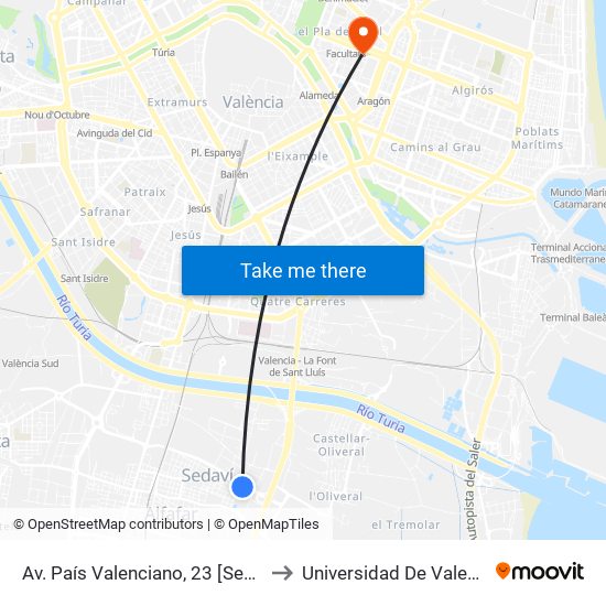 Av. País Valenciano, 23 [Sedaví] to Universidad De Valencia map