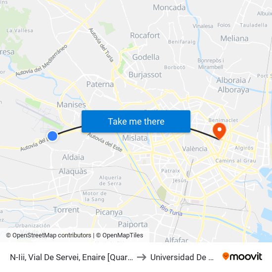 N-Iii, Vial De Servei, Enaire [Quart De Poblet] to Universidad De Valencia map