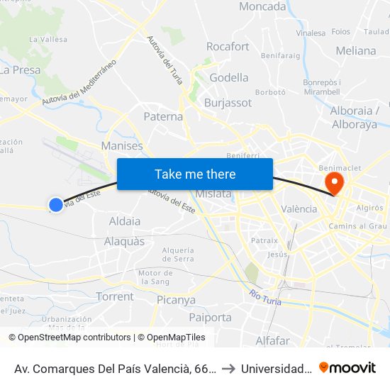 Av. Comarques Del País Valencià, 66 - C/ Manises [Quart De Poblet] to Universidad De Valencia map