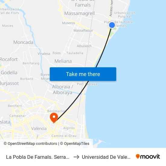 La Pobla De Farnals. Serrans 1 to Universidad De Valencia map