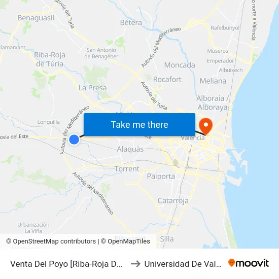 Venta Del Poyo [Riba-Roja De Túria] to Universidad De Valencia map