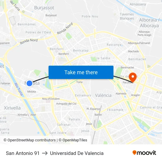 San Antonio 91 to Universidad De Valencia map