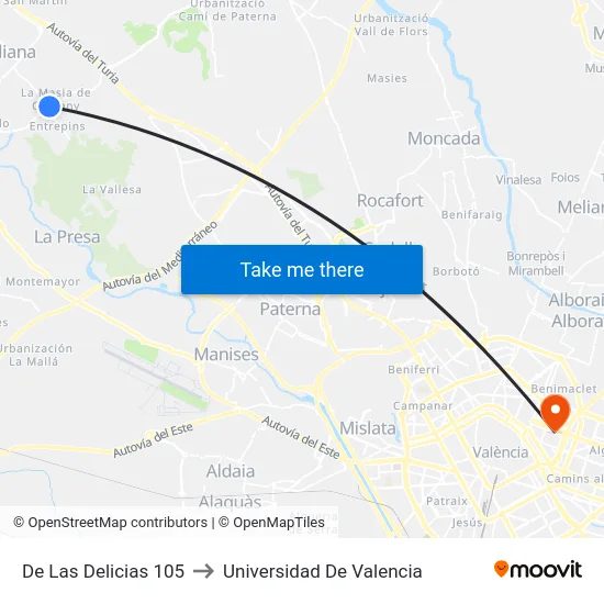 De Las Delicias 105 to Universidad De Valencia map