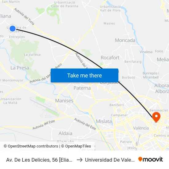 Av. De Les Delicies, 56 [Eliana, L] to Universidad De Valencia map