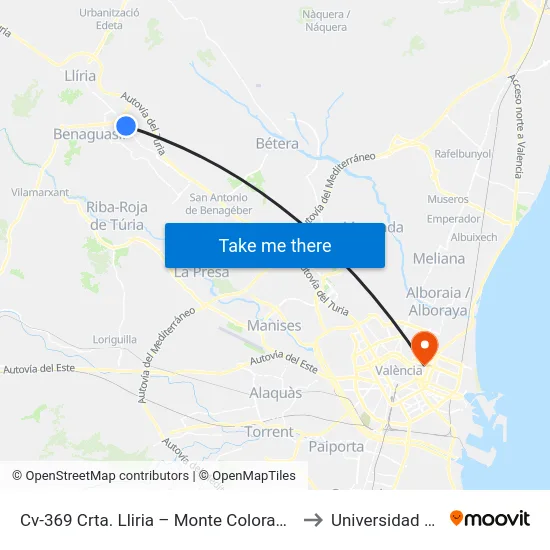 Cv-369 Crta. Lliria – Monte Colorado [Pobla De Vallbona, La] to Universidad De Valencia map