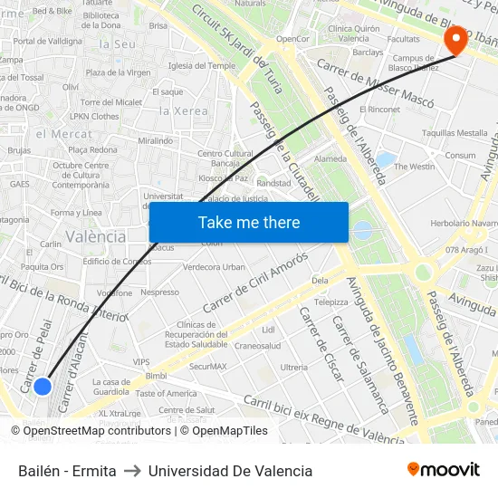 Bailén - Ermita to Universidad De Valencia map