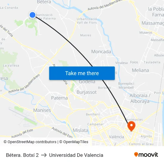 Bétera. Botxí 2 to Universidad De Valencia map
