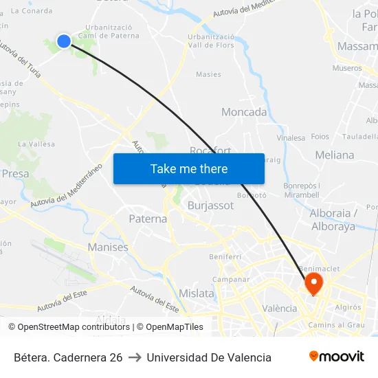 Bétera. Cadernera 26 to Universidad De Valencia map