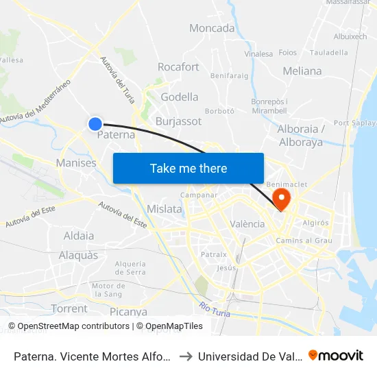 Paterna. Vicente Mortes Alfonso 104 to Universidad De Valencia map