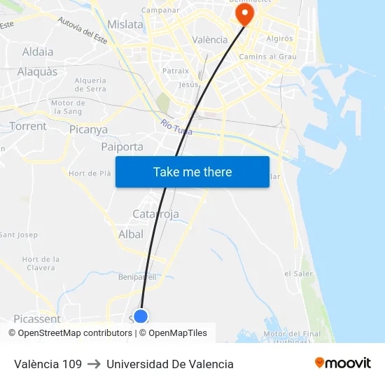 València 109 to Universidad De Valencia map