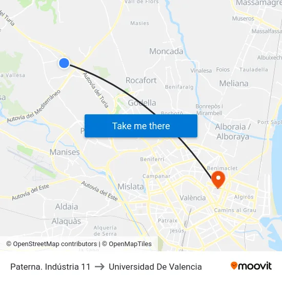 Paterna. Indústria 11 to Universidad De Valencia map