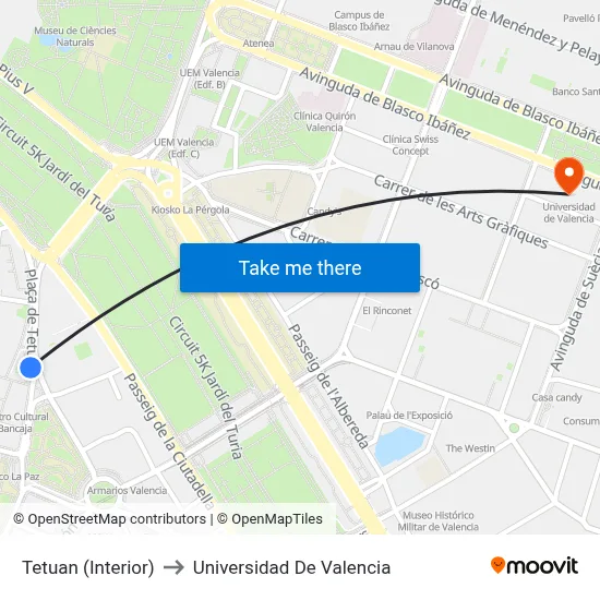 Tetuan (Interior) to Universidad De Valencia map