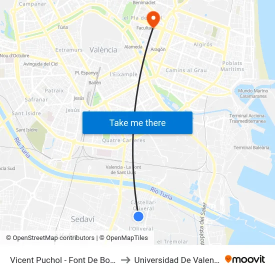 Vicent Puchol - Font De Bonet to Universidad De Valencia map