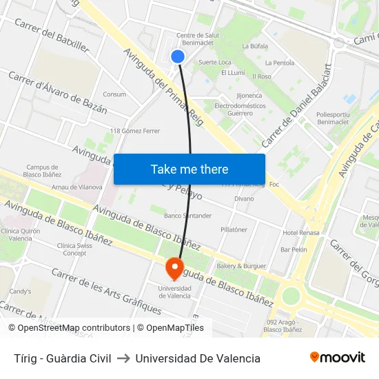 Tírig - Guàrdia Civil to Universidad De Valencia map