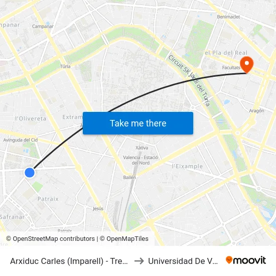 Arxiduc Carles (Imparell) - Tres Forques to Universidad De Valencia map
