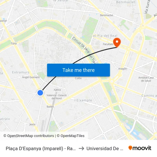 Plaça D'Espanya (Imparell) - Ramón Y Cajal to Universidad De Valencia map