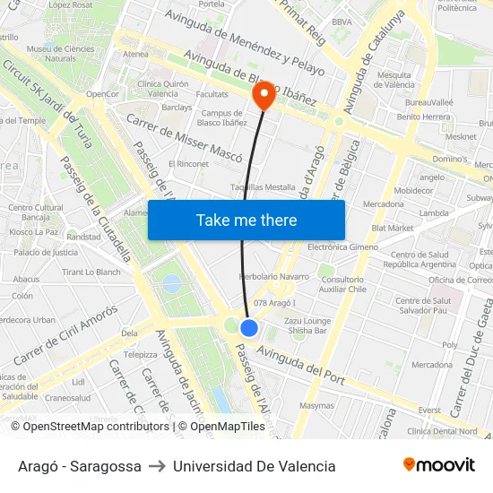 Aragó - Saragossa to Universidad De Valencia map