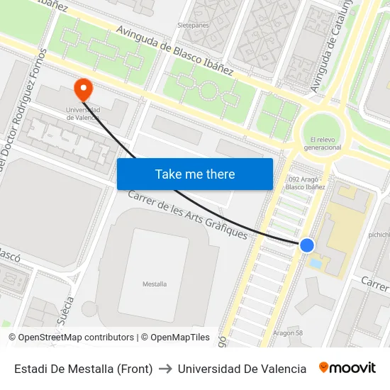Estadi De Mestalla (Front) to Universidad De Valencia map