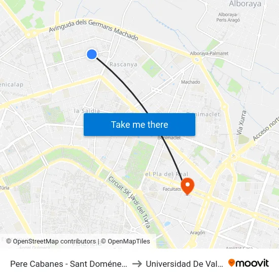 Pere Cabanes - Sant Doménec Savio to Universidad De Valencia map