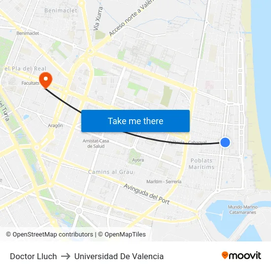 Doctor Lluch to Universidad De Valencia map