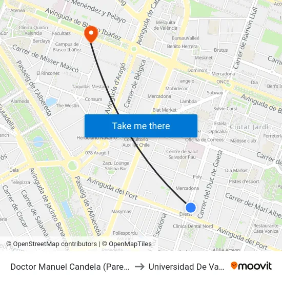 Doctor Manuel Candela (Parell) - Port to Universidad De Valencia map