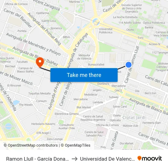 Ramon Llull - García Donato to Universidad De Valencia map