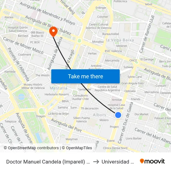 Doctor Manuel Candela (Imparell) - Rodríguez De Cepeda to Universidad De Valencia map