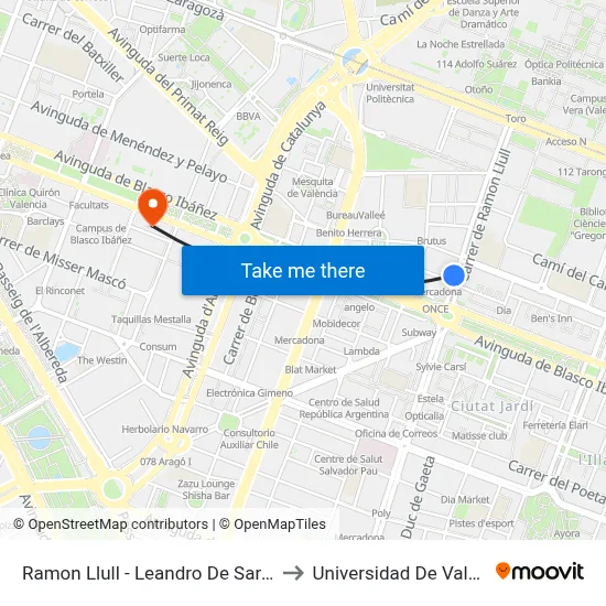Ramon Llull - Leandro De Saralegui to Universidad De Valencia map