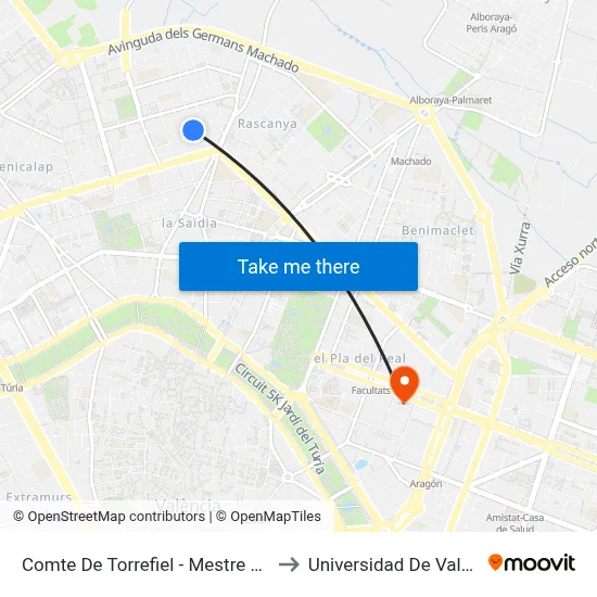 Comte De Torrefiel - Mestre Marçal to Universidad De Valencia map
