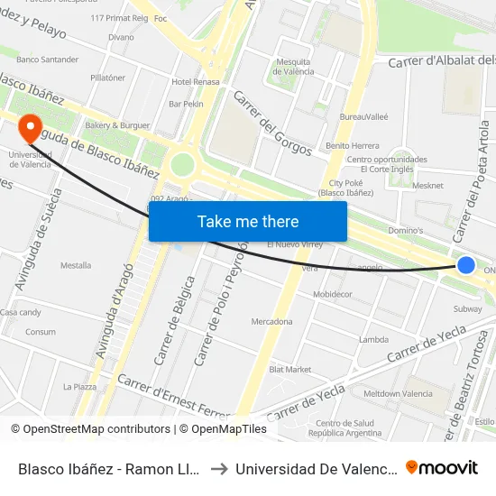 Blasco Ibáñez - Ramon Llull to Universidad De Valencia map