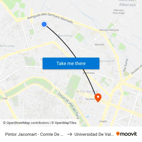 Pintor Jacomart - Comte De Torrefiel to Universidad De Valencia map