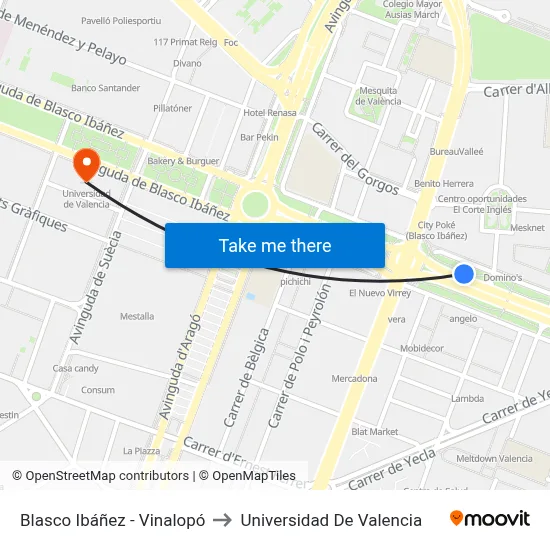 Blasco Ibáñez - Vinalopó to Universidad De Valencia map