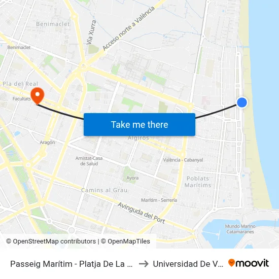 Passeig Marítim - Platja De La Malva-Rosa to Universidad De Valencia map