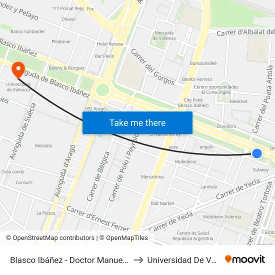 Blasco Ibáñez - Doctor Manuel Candela to Universidad De Valencia map