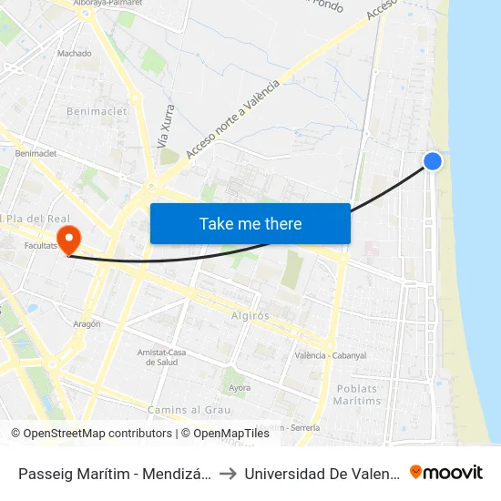 Passeig Marítim - Mendizábal to Universidad De Valencia map