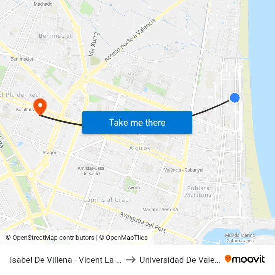 Isabel De Villena - Vicent La Roda to Universidad De Valencia map
