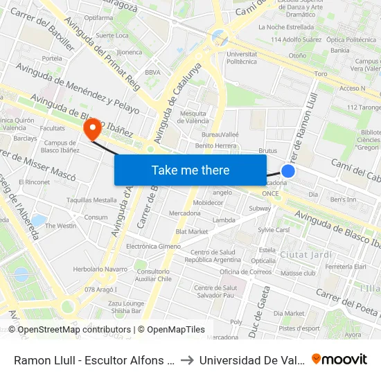 Ramon Llull - Escultor Alfons Gabino to Universidad De Valencia map
