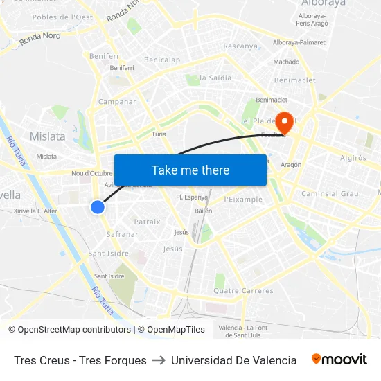 Tres Creus - Tres Forques to Universidad De Valencia map