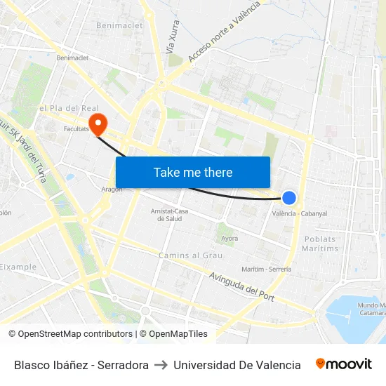 Blasco Ibáñez - Serradora to Universidad De Valencia map