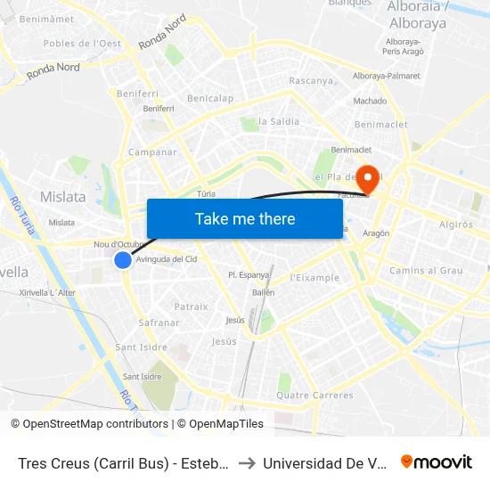 Tres Creus (Carril Bus) - Esteban Pernet to Universidad De Valencia map