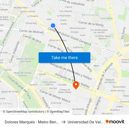 Dolores Marqués - Metro Benimaclet to Universidad De Valencia map