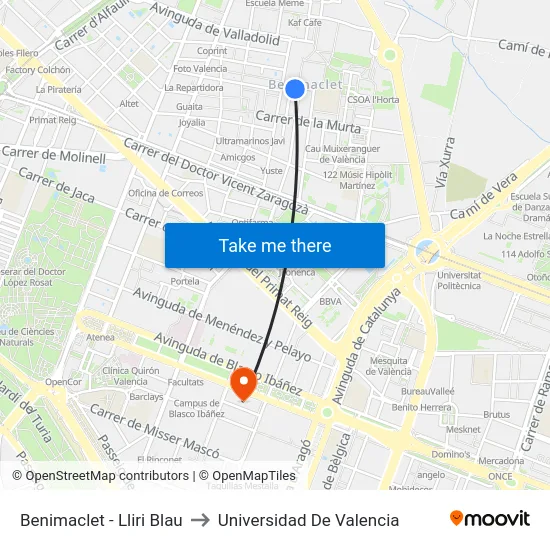 Benimaclet - Lliri Blau to Universidad De Valencia map