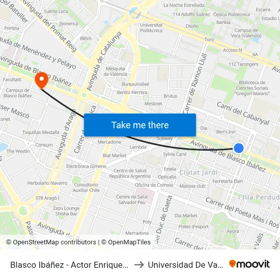 Blasco Ibáñez - Actor Enrique Rambal to Universidad De Valencia map