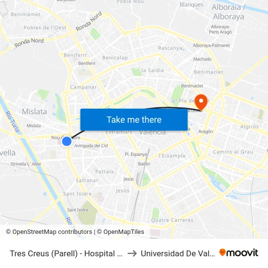 Tres Creus (Parell) - Hospital General to Universidad De Valencia map