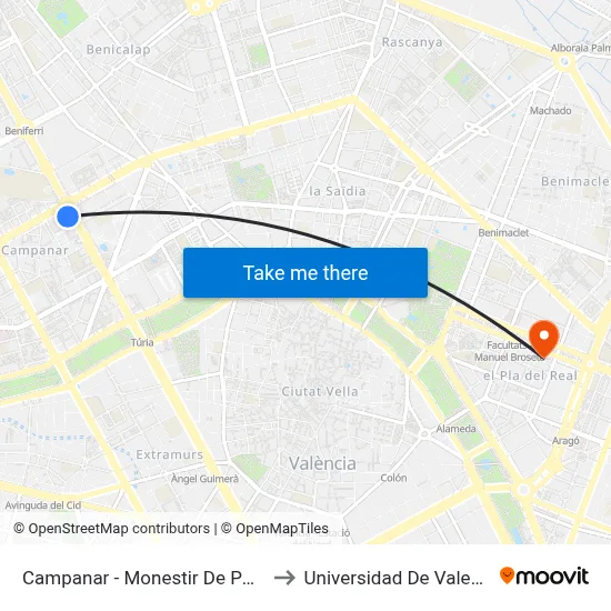 Campanar - Monestir De Poblet to Universidad De Valencia map