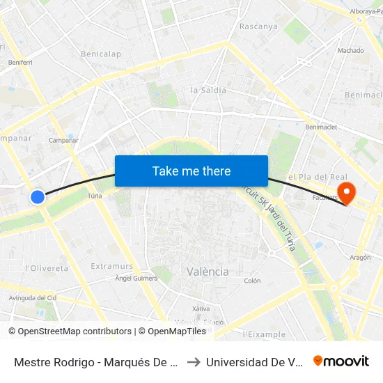Mestre Rodrigo - Marqués De Sant Joan to Universidad De Valencia map