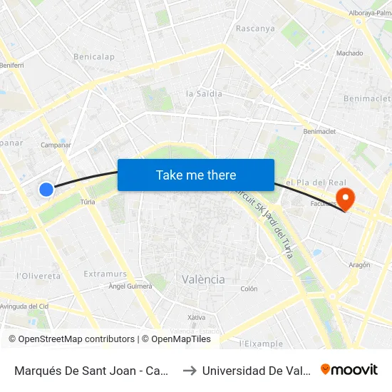 Marqués De Sant Joan - Campanar to Universidad De Valencia map
